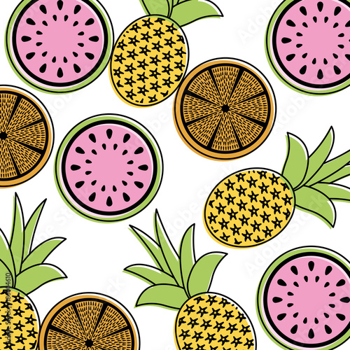 Fototapeta Naklejka Na Ścianę i Meble -  orange pineapple and watermelon fruit seamless pattern vector illustration