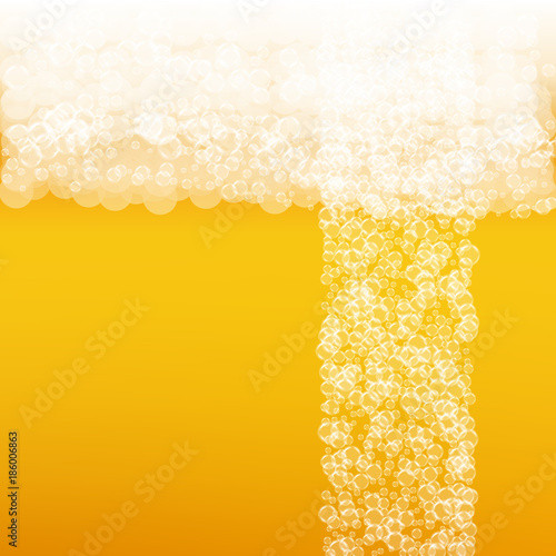 Beer background with realistic bubbles. Cool beverage for restaurant menu design, banners and flyers. Yellow square beer background with white frothy foam. Fresh cup of lager for brewery design.