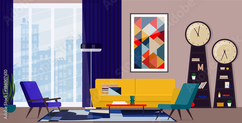 Bold interior design of the living room in the style of the sixties.