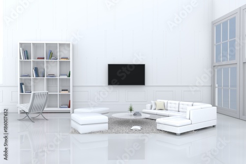 White living room decorated with white sofa,tree in glass vase, cream pillows, bookcase, chair, book, television, window, Cream carpet White cement wall it is pattern, white cement floor. 3d rendering © good24