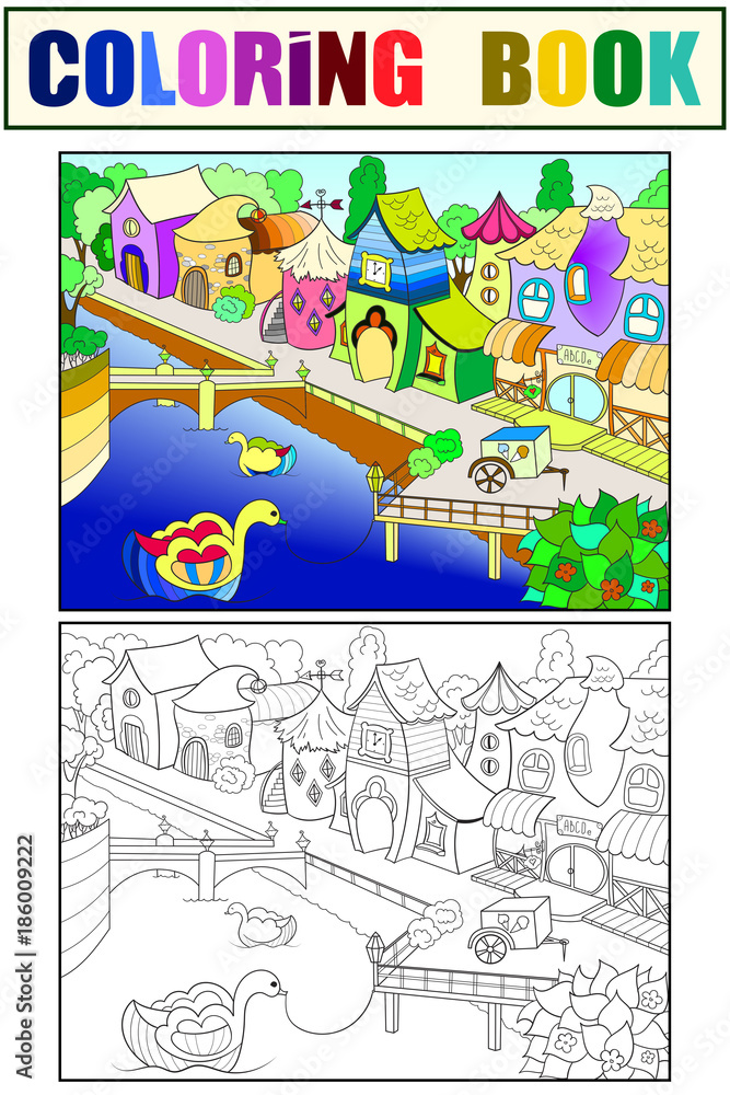 Children color vector fairy city with river