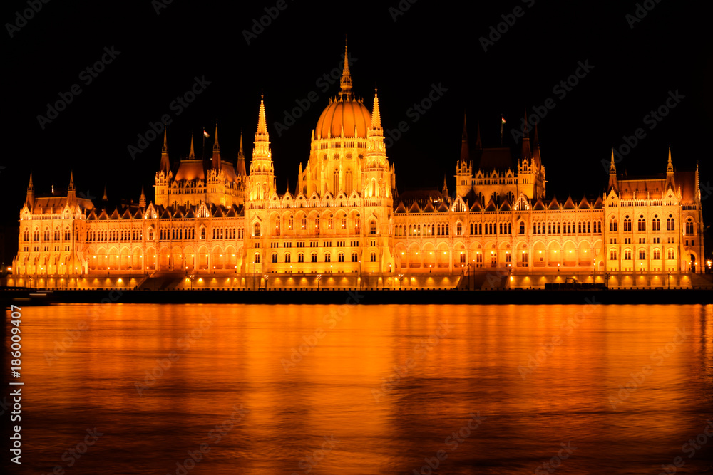 Hungarian Parliament by Night with Reflection on Danube River