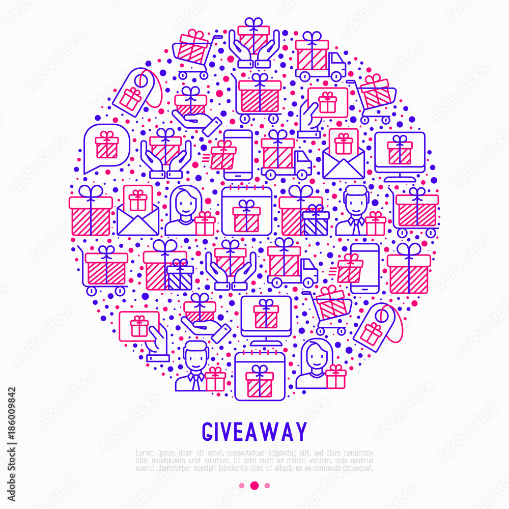 GIveaway or gifts concept in circle with thin line icons set: present in hand, trolley, cart, truck, envelope. Modern vector illustration, web page template.