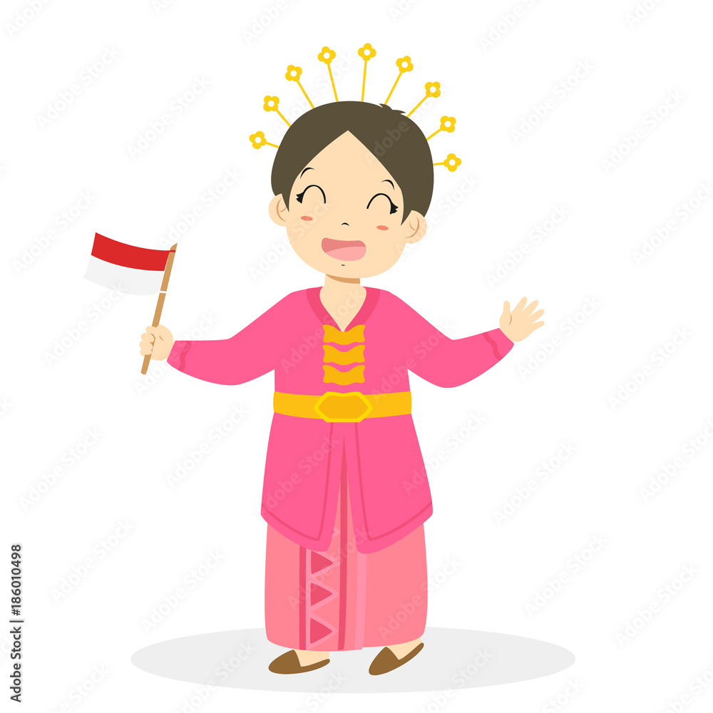 Girl wearing Riau traditional dress and holding Indonesian flag. Indonesian children, Riau traditional dress cartoon vector Girl wearing Riau traditional dress and holding Indonesian flag. Indonesian children, Riau traditional dress cartoon vector