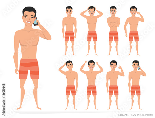 Asian man set of poses and emotions