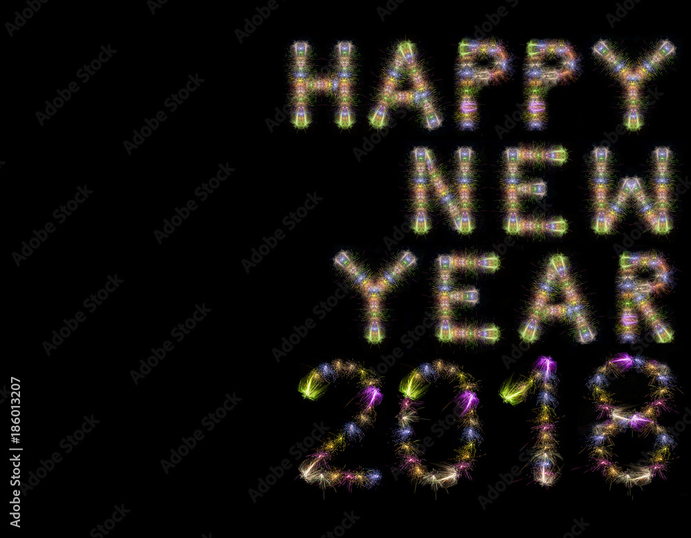 Happy New Year 2018 colorful sparkling fireworks horizontal black sky XXXL