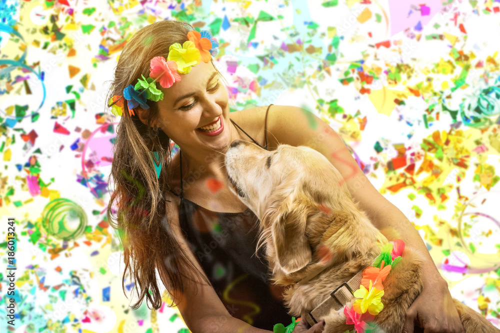Φωτογραφία Dog carnival partying with his girl owner with confetti lights and colors