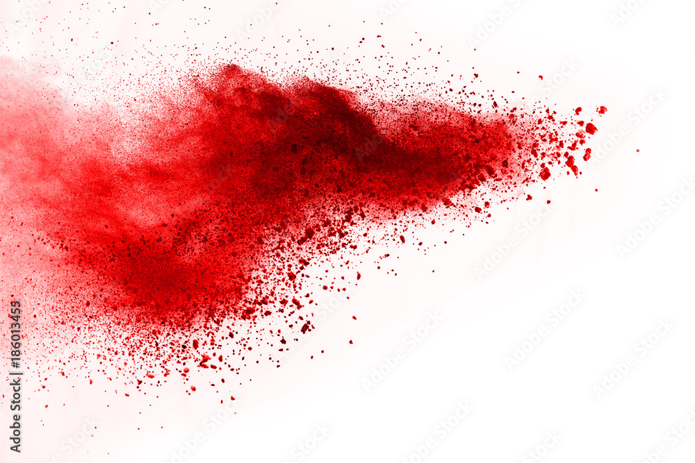 abstract powder splatted background. Red powder explosion on black background. Colored cloud. Colorful dust explode. Paint Holi. - obrazy, fototapety, plakaty 