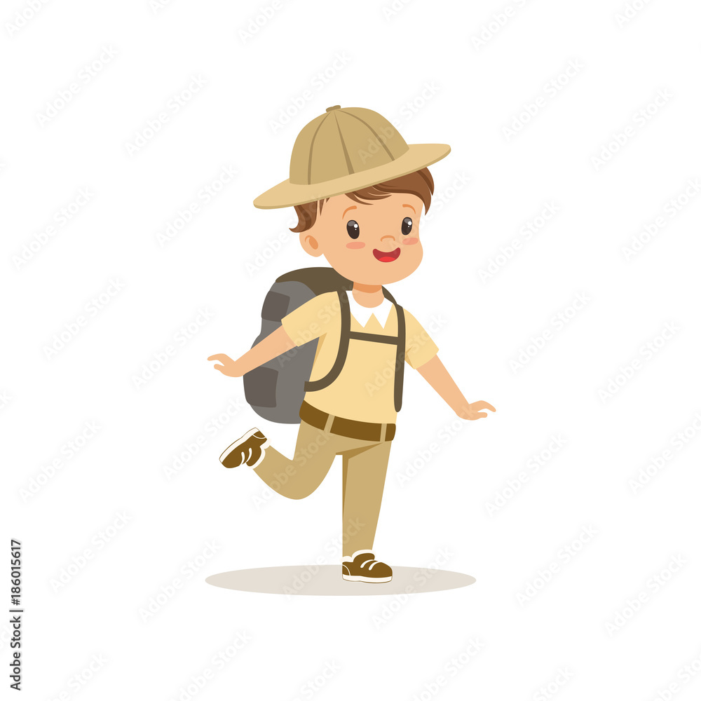 Cute little boy in scout costume with backpack, outdoor camp activity vector Illustration