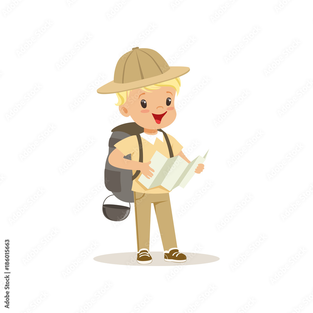 Cute little boy in scout costume with backpack holding a tourist map, outdoor camp activity vector Illustration