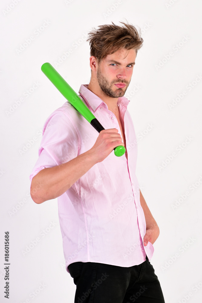 Macho or gangster with sports equipment. Man with confident face Macho or gangster with sports equipment. Man with confident face
