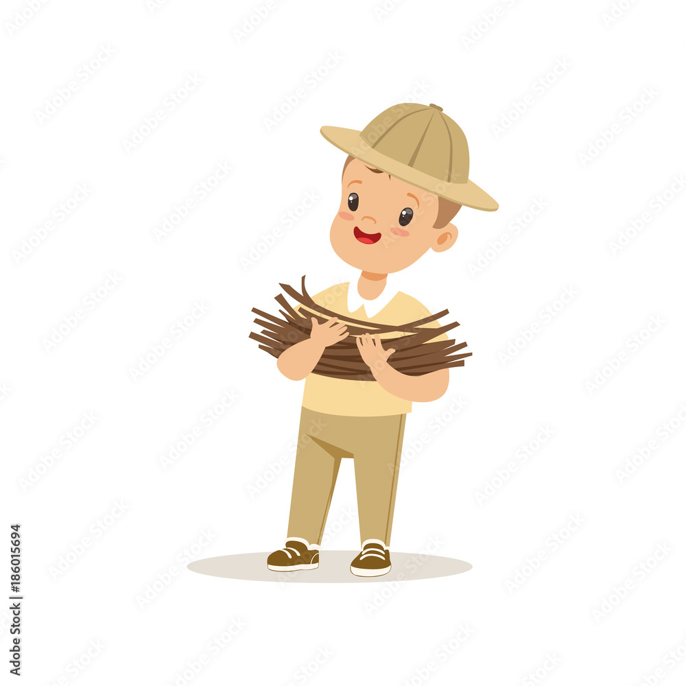 Cute little boy in scout costume bringing some firewood, outdoor camp activity vector Illustration