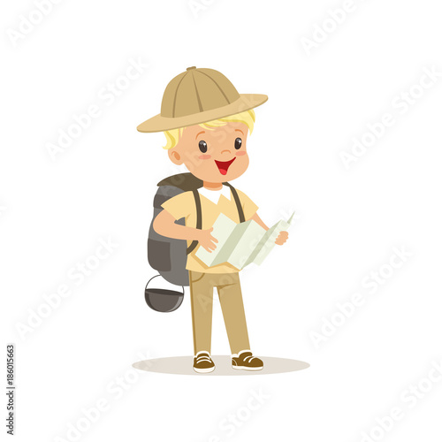 Cute little boy in scout costume with backpack holding a tourist map, outdoor camp activity vector Illustration