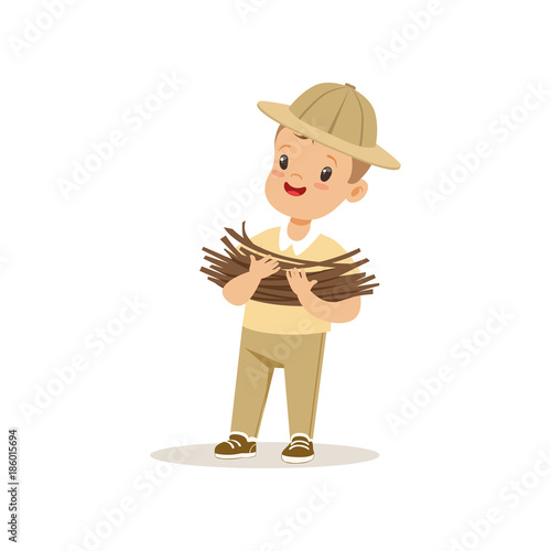 Cute little boy in scout costume bringing some firewood, outdoor camp activity vector Illustration