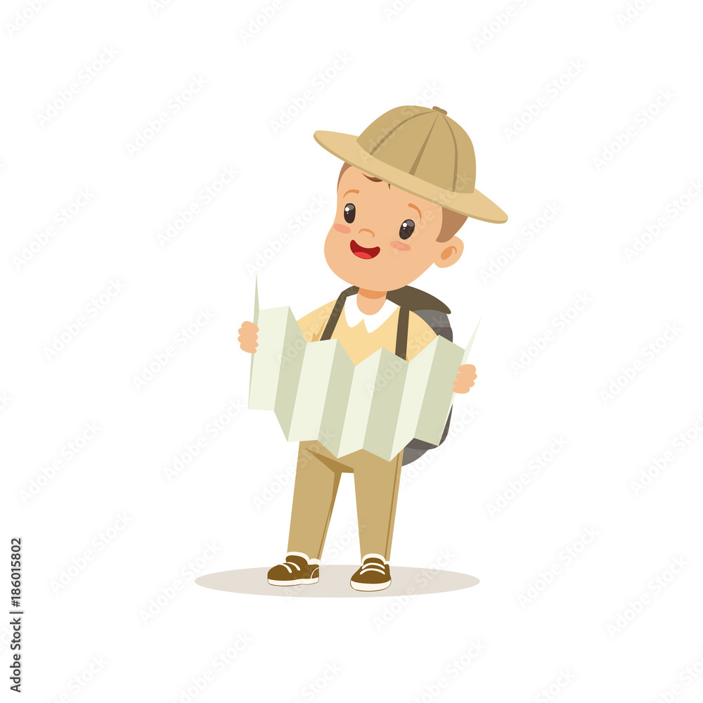 Cute little boy in scout costume with backpack orienteering with map, outdoor camp activity vector Illustration