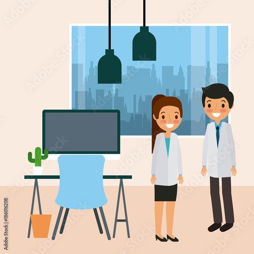 doctors standing in consultation room desk chair window and cactus vector illustration
