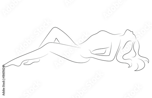 Female figure. Outline of young girl. Stylized slender body. Linear Art. Black and white vector illustration. Contour of a slender figure.