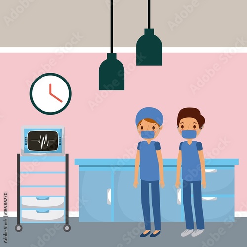 doctors in hospital room ekg machine furniture drawers vector illustration