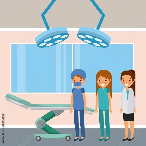 doctors female standing in room with wheel bed lights and window vector illustration