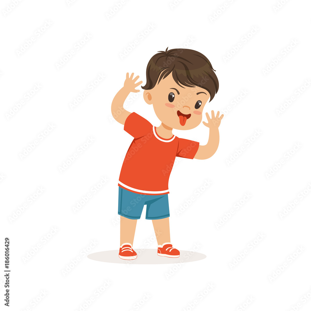 Funny bully boy grimacing, hoodlum cheerful little kid, bad child behavior vector Illustration