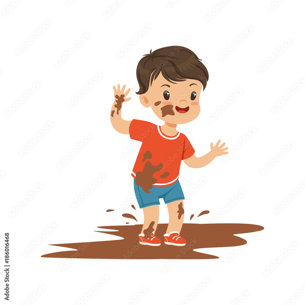 Φωτογραφία Cute bully boy jumping in a dirt, hoodlum cheerful little kid, bad child behavio