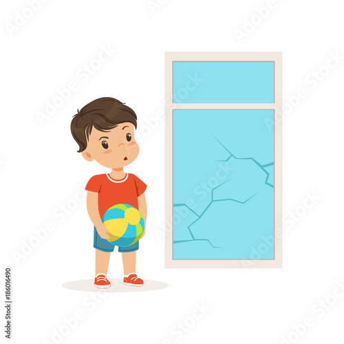 Cute little bully boy crashed the window with ball, hoodlum cheerful little kid, bad child behavior vector Illustration