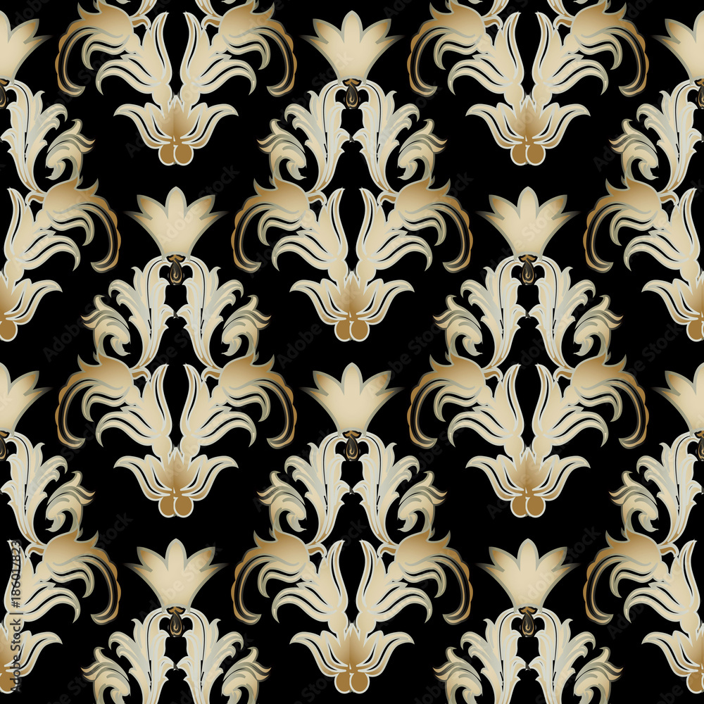 Damask vector seamless pattern. Black floral background wallpaper  illustration with vintage gold line art tracery flowers, scroll leaves,  antique Baroque ornaments in Victorian style. Elegant texture Stock Vector  | Adobe Stock