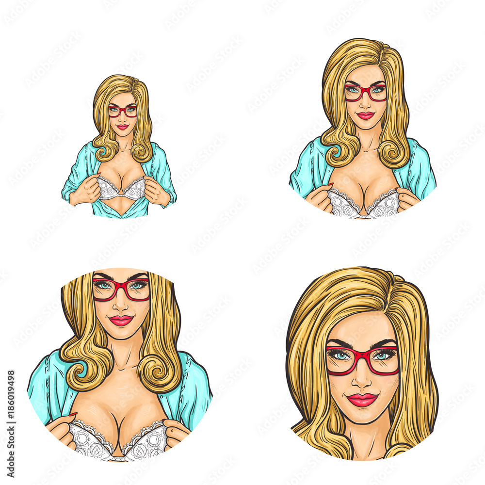 Set of vector pop art round avatar icons for users of social networking, blogs, profile icons. Young blonde girl in red glasses unbuttoning blouse showing sexy breasts in bra or lingerie Set of vector pop art round avatar icons for users of social networking, blogs, profile icons. Young blonde girl in red glasses unbuttoning blouse showing sexy breasts in bra or lingerie