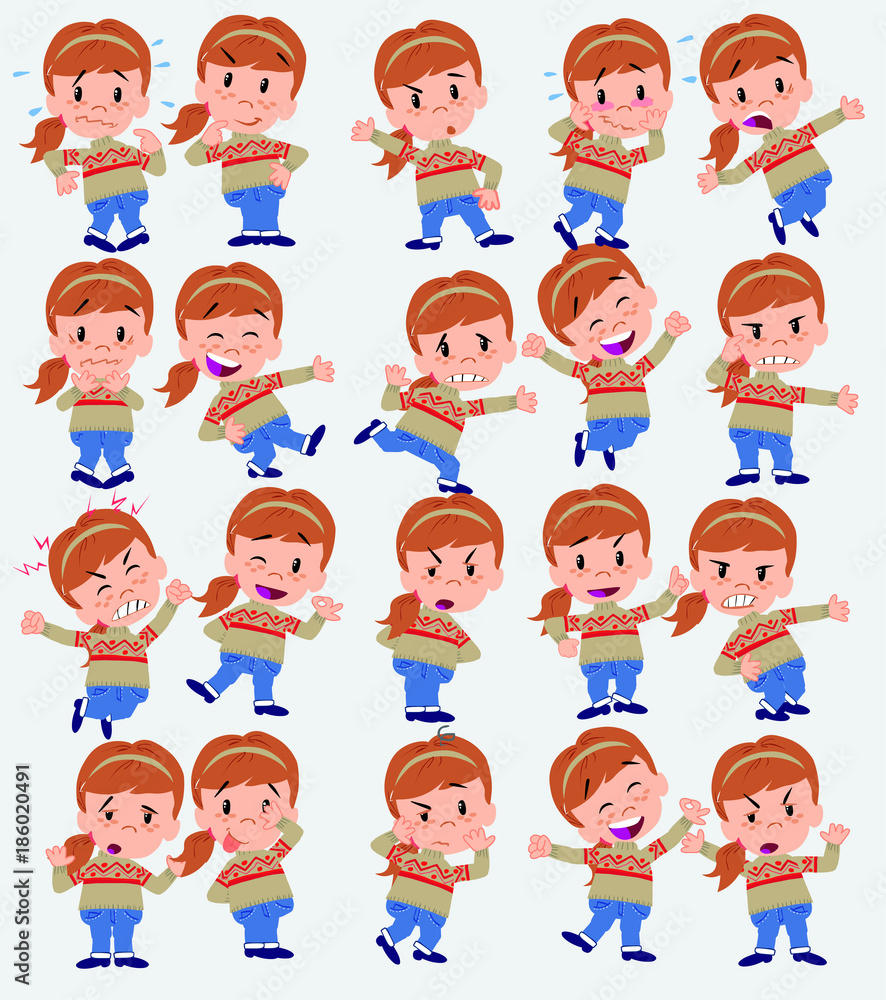 Cartoon character white girl with sweater. Set with different postures, attitudes and poses, doing different activities in isolated vector illustrations. Cartoon character white girl with sweater. Set with different postures, attitudes and poses, doing different activities in isolated vector illustrations.
