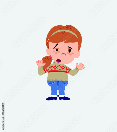 White girl with sweater makes a gesture of tired resignation.