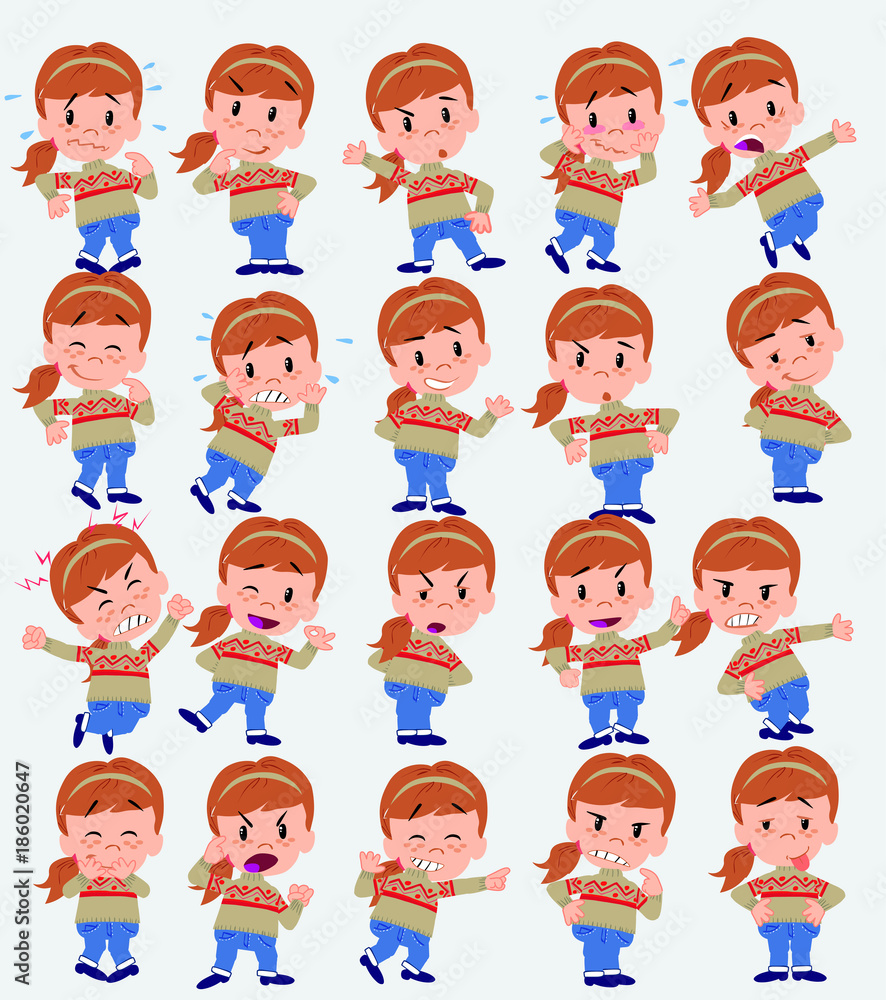 Cartoon character white girl with sweater. Set with different postures, attitudes and poses, doing different activities in isolated vector illustrations. Cartoon character white girl with sweater. Set with different postures, attitudes and poses, doing different activities in isolated vector illustrations.