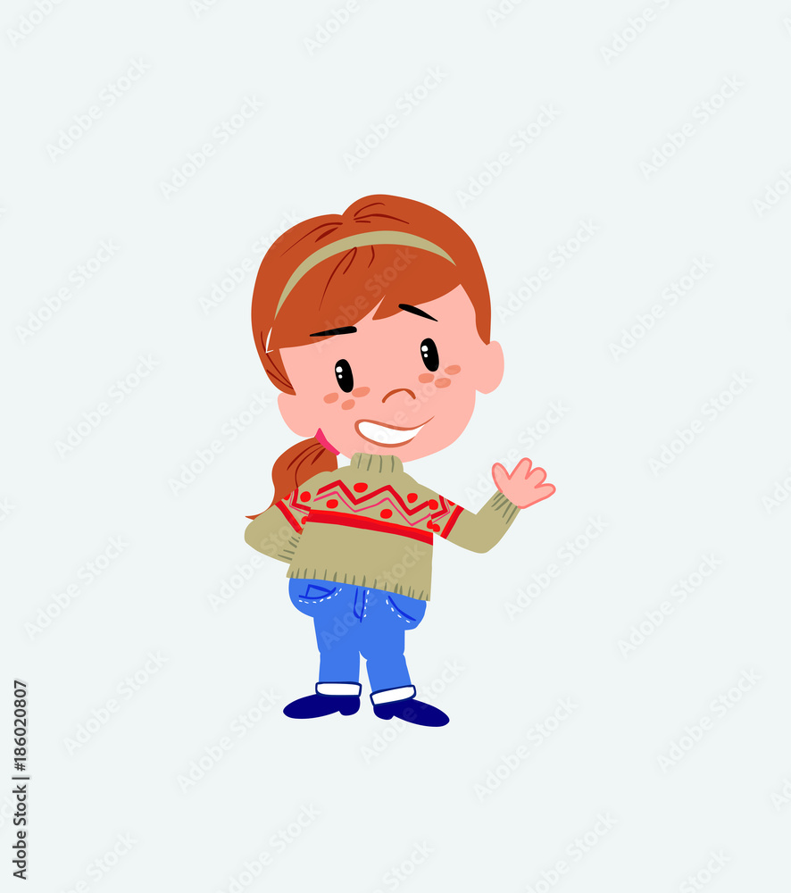 White girl with sweater showing something in positive attitude.