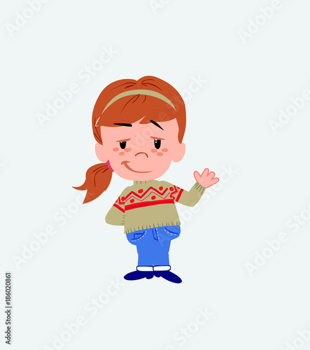 White girl with sweater waving with a dreamy expression.