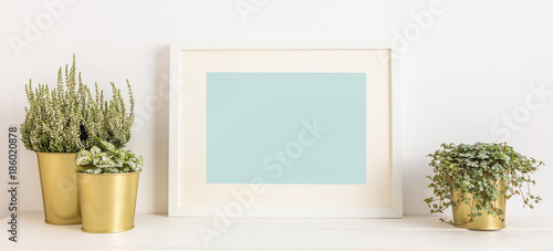 Blank frame and a plants in golden pots on a shelf. Modern home decor. Mock up.