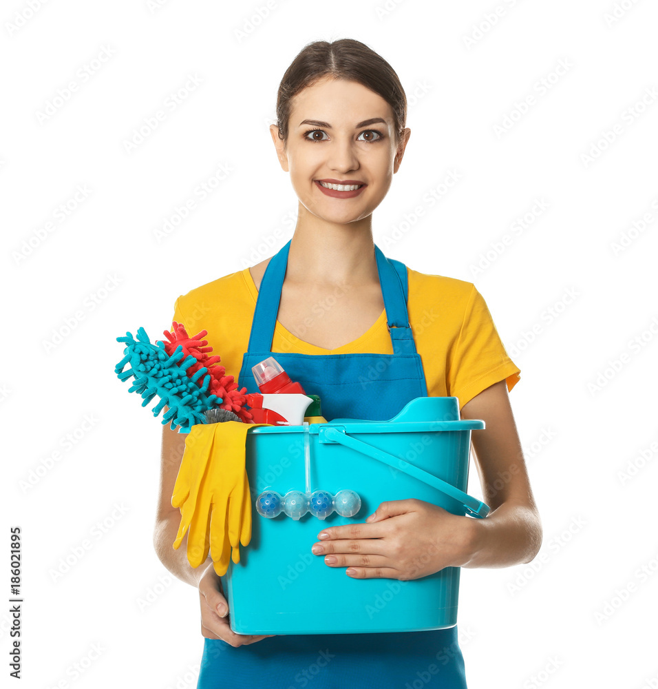 Woman with cleaning supplies on white background Woman with cleaning supplies on white background