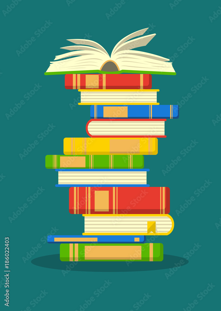 Obraz premium Stack of colorful books with open book on teal background. Education vector illustration.