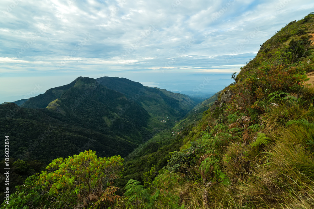 Obraz premium Mountains Landscape. Hills skyline Worlds End in Horton Plains National Park Sri Lanka.