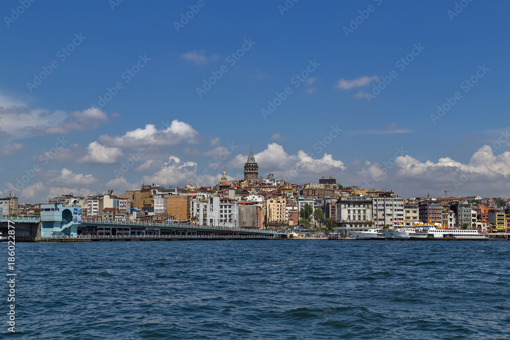 Cityscape summer sea front view with Galata Tower and Gulf of the Golden Horn in Istanbul, Turkey.