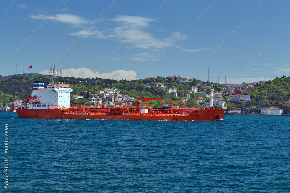 Cargo ship tanker in the Channel Bosphorus Strait international logistic sea, Istanbul, Turkey