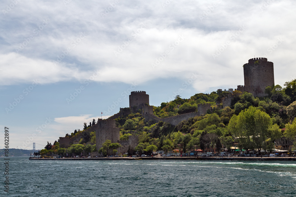 Bosporus Sea view of citadel, fortress Castle Rumelian, Outdoor Istanbul city. Turkey landmark