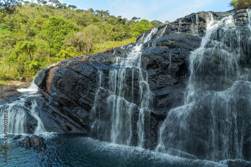 Waterfall mountain landscape Baker’s Falls in Horton Plains National Park Sri Lanka.