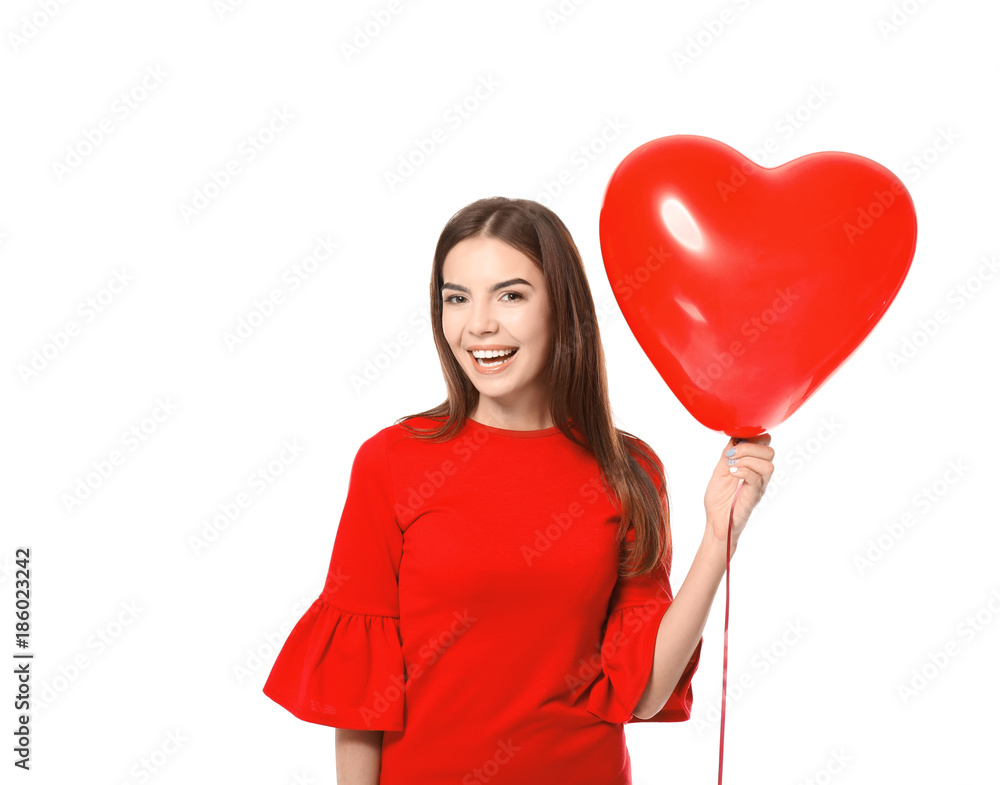 Romantic young woman with heart-shaped balloon for Valentine's Day on white background Romantic young woman with heart-shaped balloon for Valentine's Day on white background