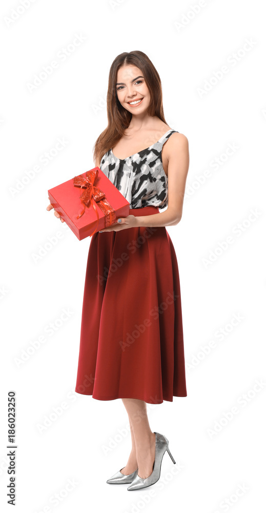 Beautiful young woman with gift for Valentine's Day on white background Beautiful young woman with gift for Valentine's Day on white background