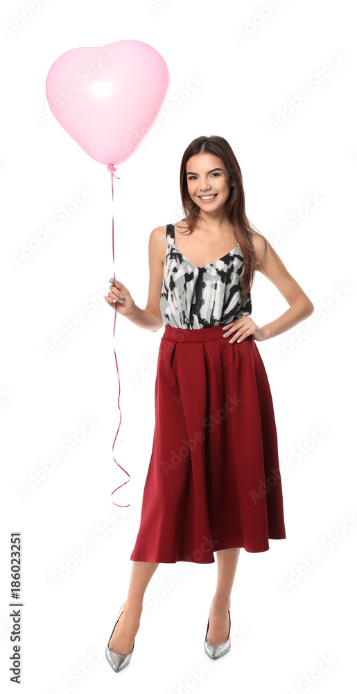 Romantic young woman with heart-shaped balloon for Valentine's Day on white background Romantic young woman with heart-shaped balloon for Valentine's Day on white background