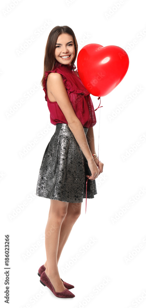 Romantic young woman with heart-shaped balloon for Valentine's Day on white background Romantic young woman with heart-shaped balloon for Valentine's Day on white background