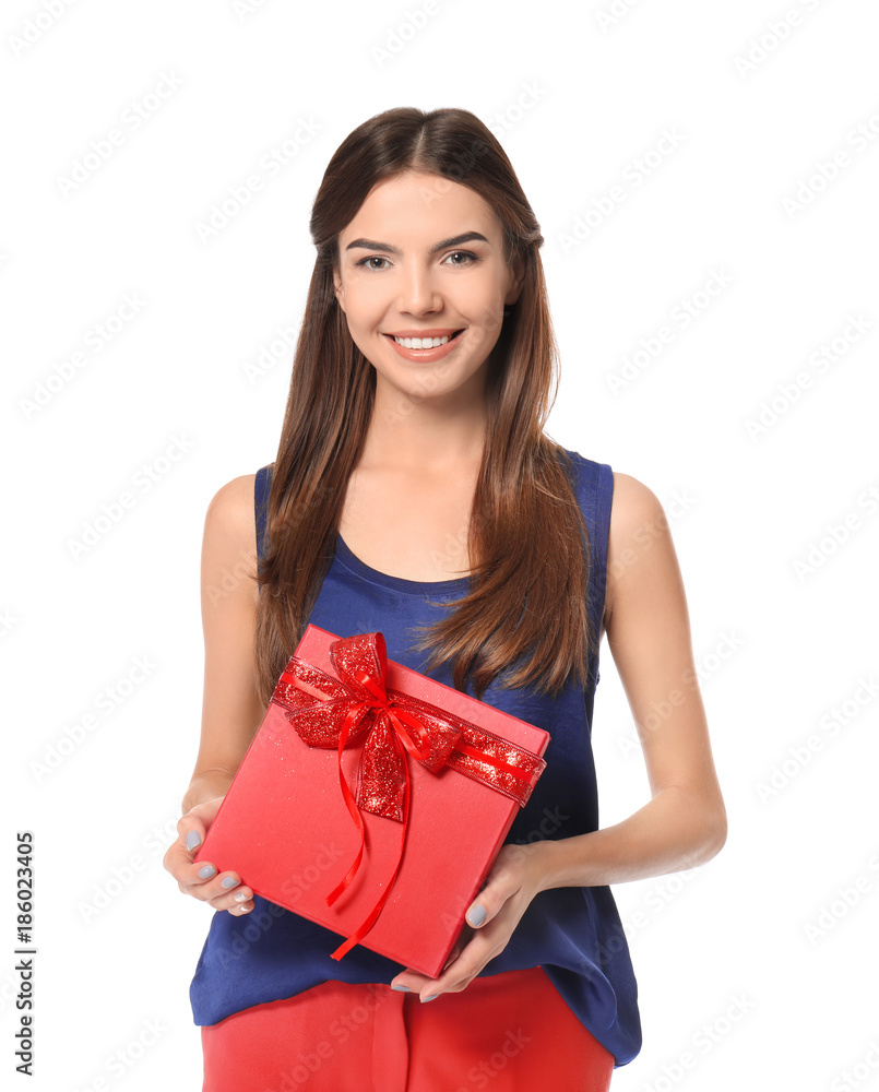 Beautiful young woman with gift for Valentine's Day on white background Beautiful young woman with gift for Valentine's Day on white background
