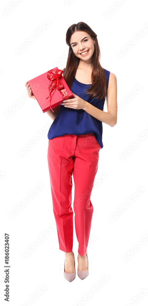 Beautiful young woman with gift for Valentine's Day on white background Beautiful young woman with gift for Valentine's Day on white background