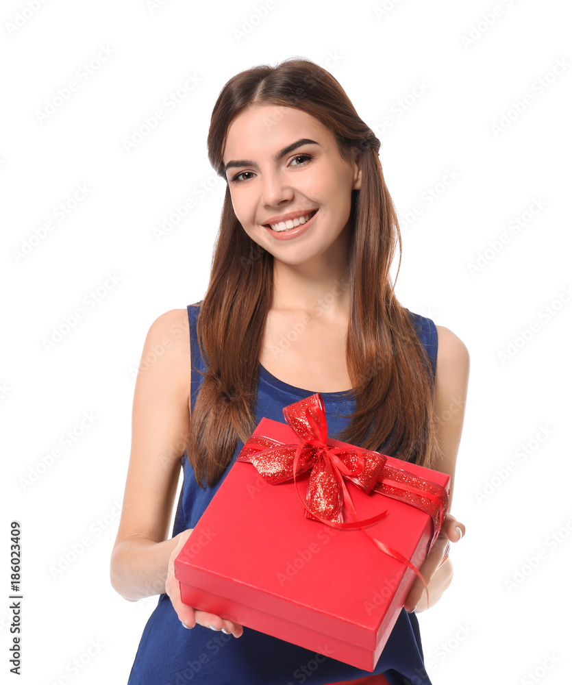 Beautiful young woman with gift for Valentine's Day on white background Beautiful young woman with gift for Valentine's Day on white background