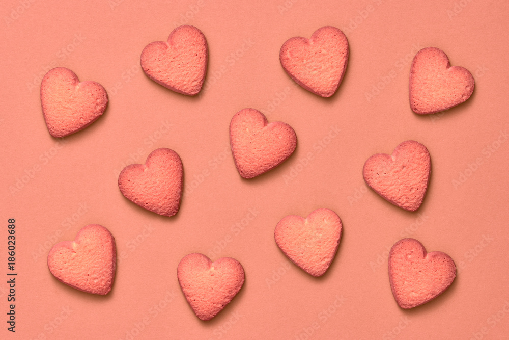 Cookies Hearts. Valentines Day. Love set. Vanilla Pastel Color. Trendy fashion Style. Layout. Homemade Cookies background on Pink, biscuit Dessert. Minimal. Art