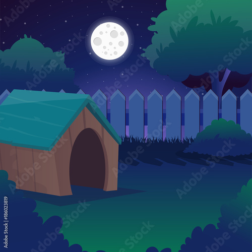 Cartoon night landscape with starry sky, full moon, trees and bushes with green foliages, wooden fence. Backyard with dog s house. Summer nature background. Flat vector